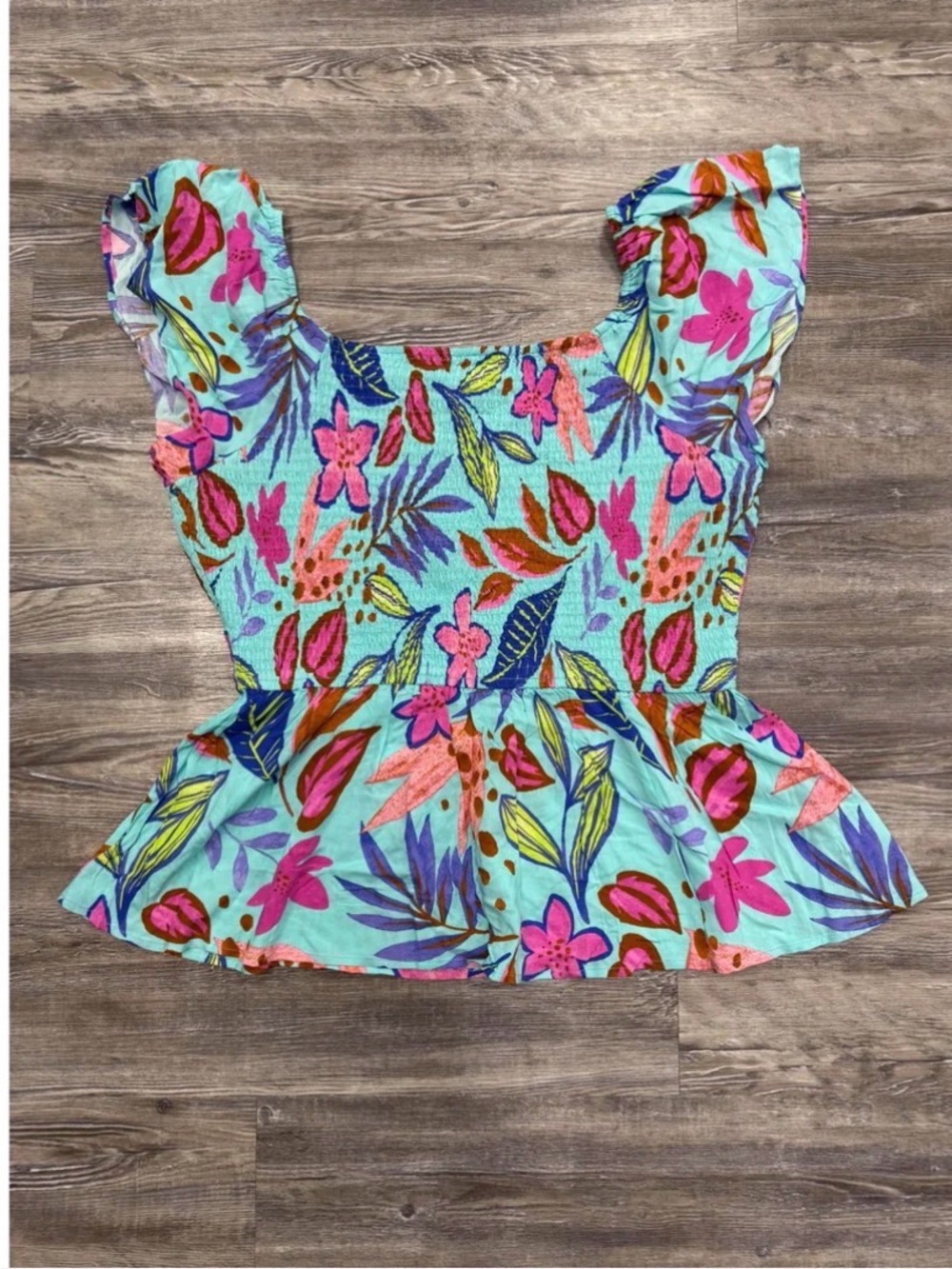 EMILY WONDER / Floral Flutter Sleeve Peplum Top - Aqua & Pink/ Plus Size / NWT